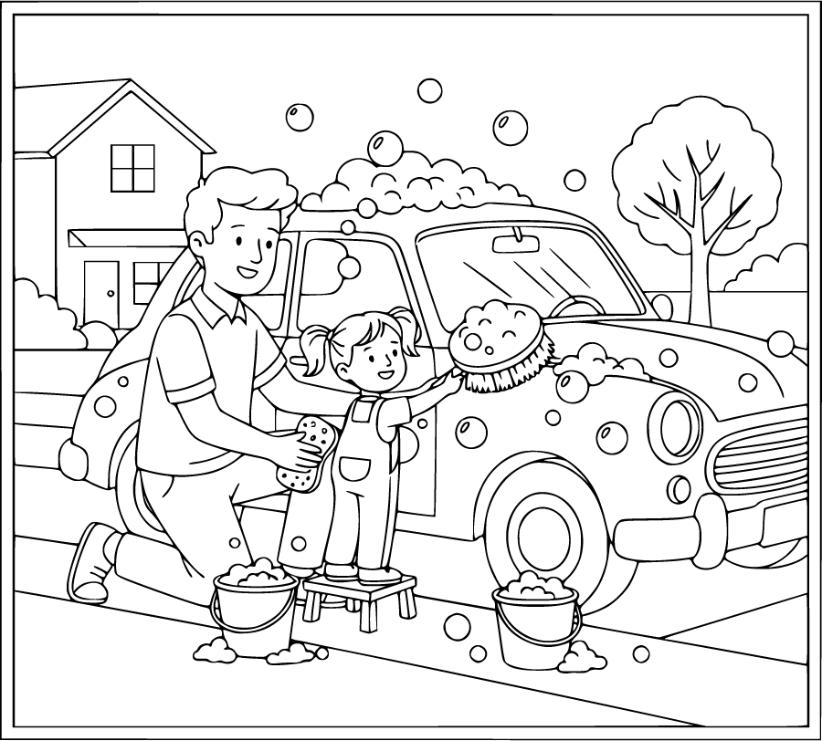 father child washing car bubbles