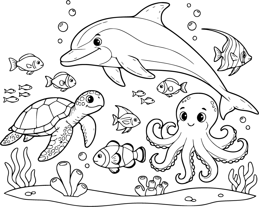 ocean animals dolphin turtle octopus fish
