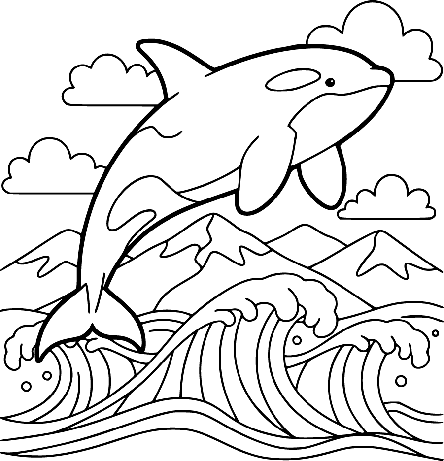 orca jumping ocean waves mountains clouds