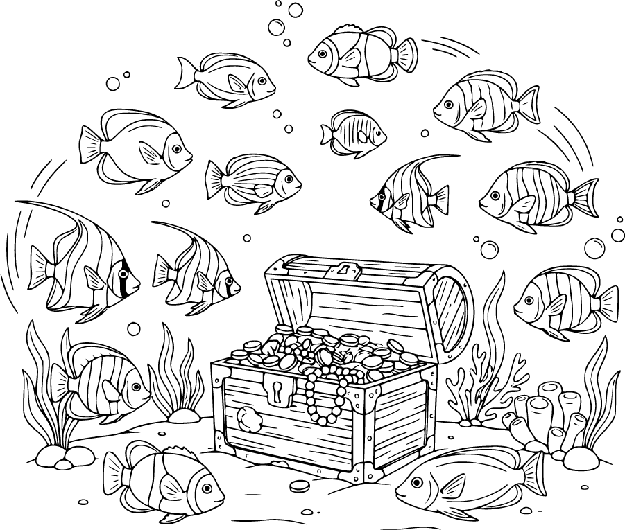 tropical fish treasure chest underwater coloring page