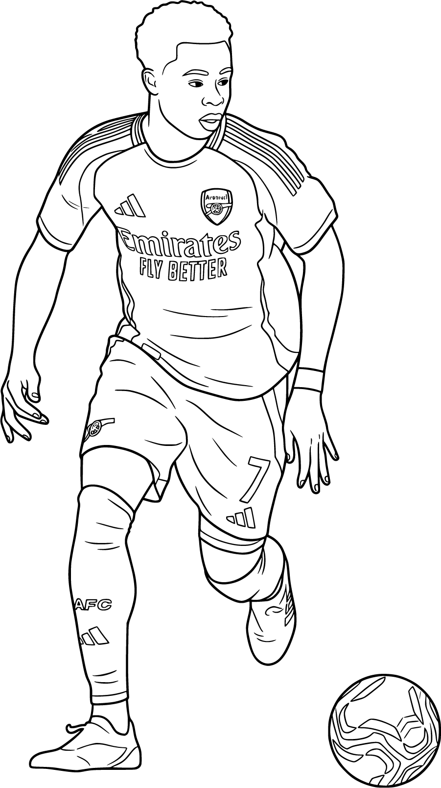 Bukayo Saka dribbling in Arsenal kit Coloring Page