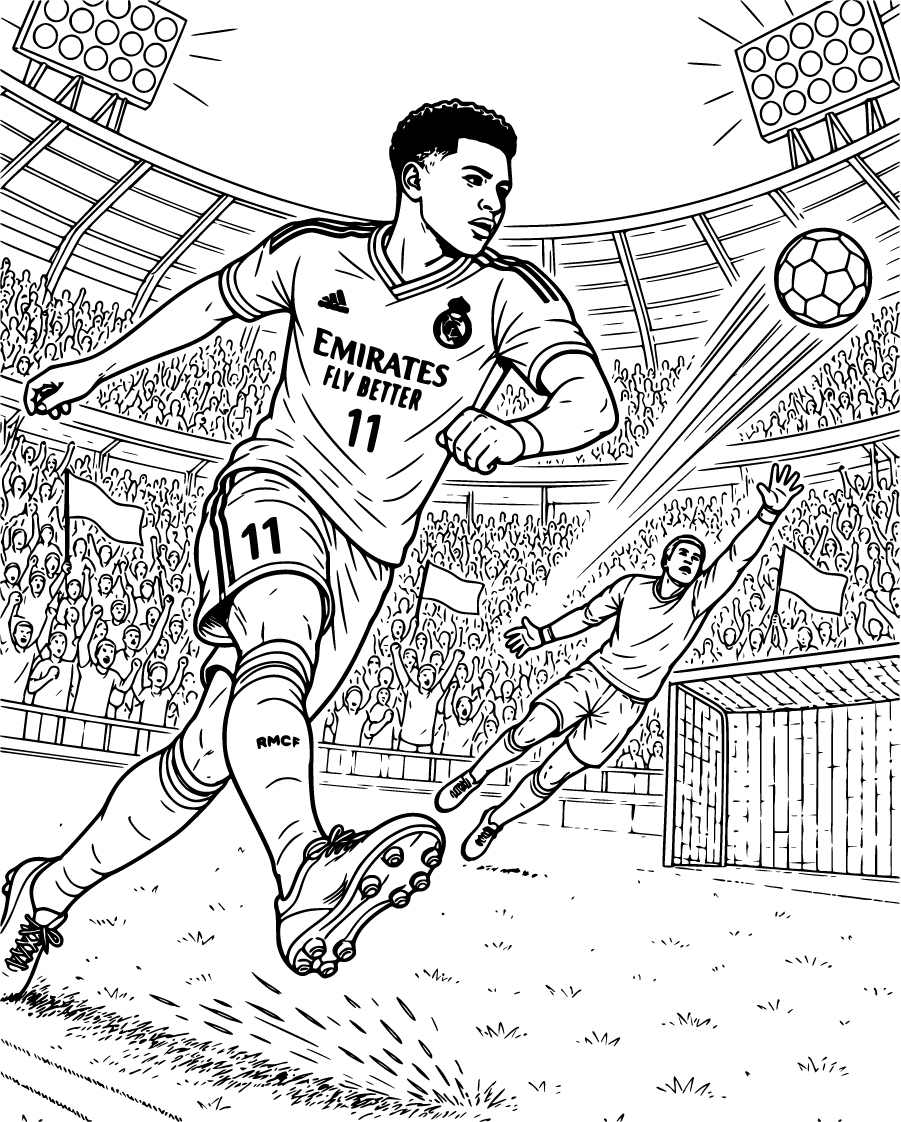 Low Angle View Of Rodrygo Taking Powerful Shot Line Art Outline Club Crest Sponsor