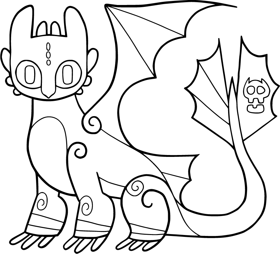 Toothless dragon standing with skull-tipped tail