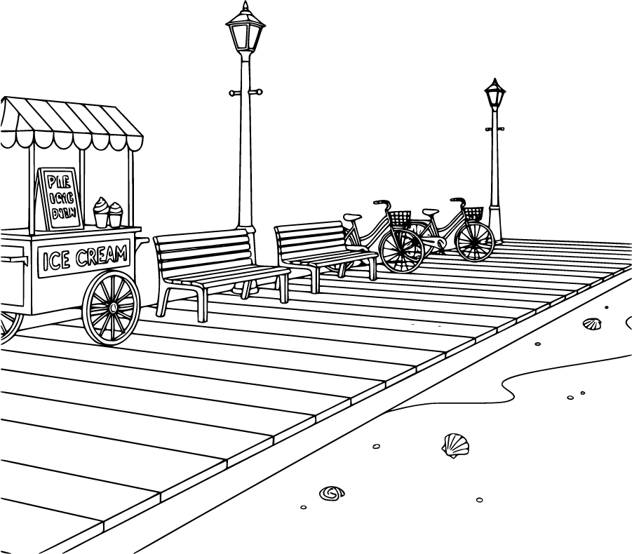 beach boardwalk ice cream cart bicycles