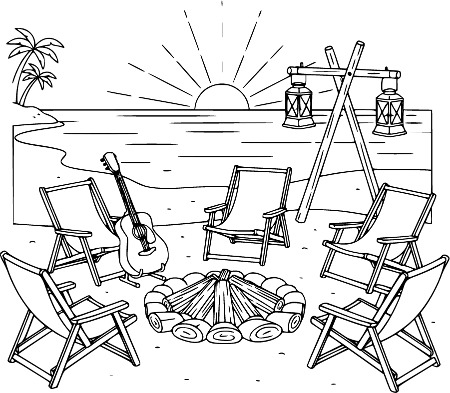 beach bonfire chairs guitar lanterns