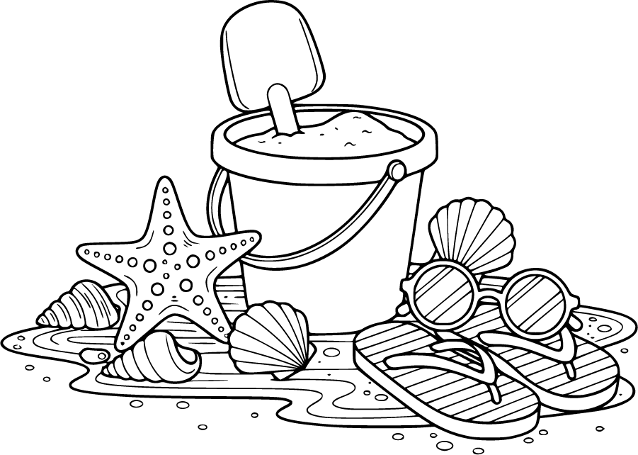 beach bucket shovel shells flip flops