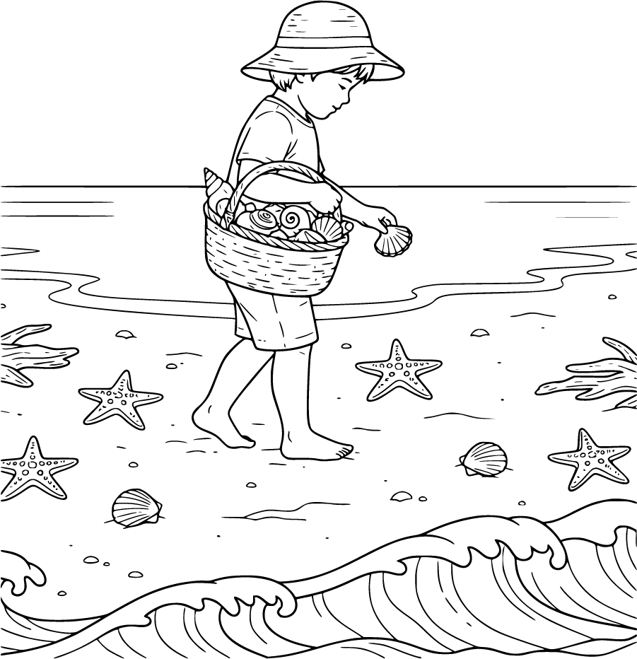 beach child seashell basket starfish