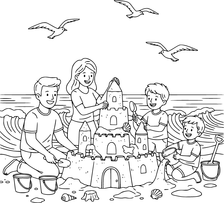 beach family sandcastle shells waves