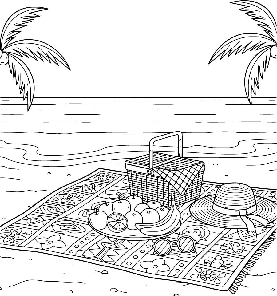 beach picnic blanket basket hat
