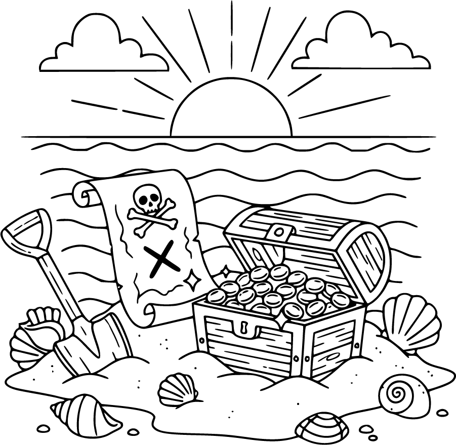 beach treasure chest map shovel shells