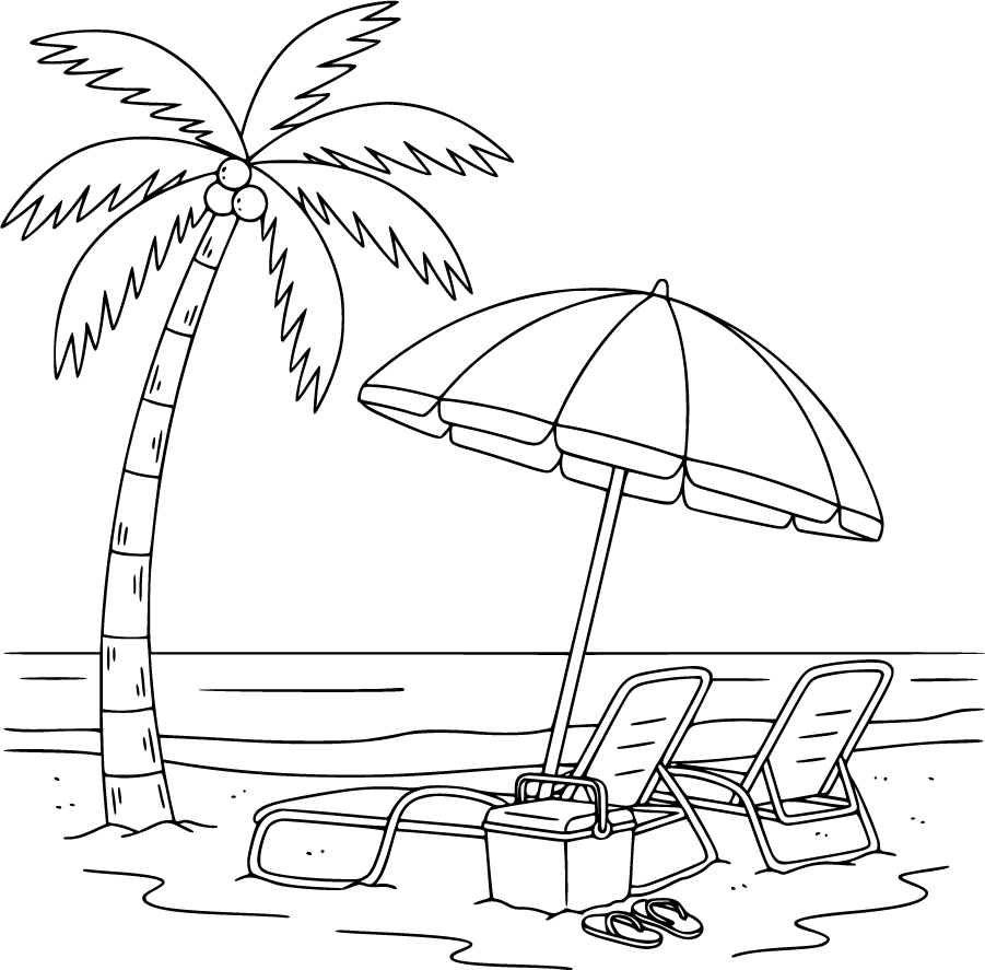 beach umbrella lounge chairs palm tree