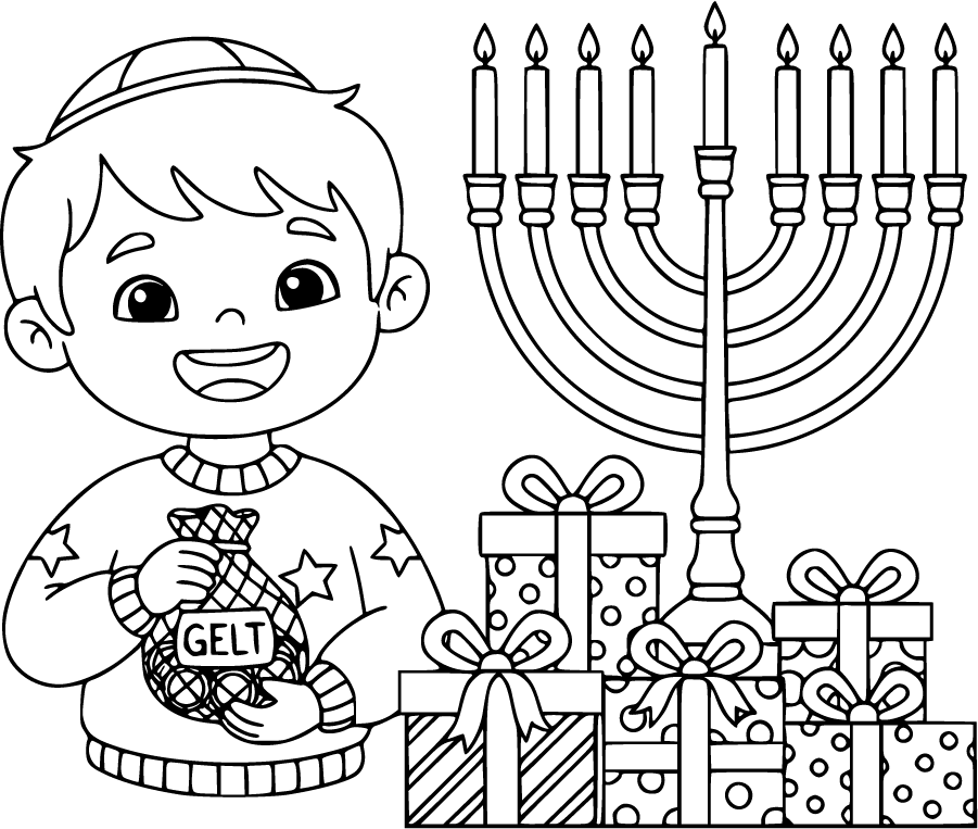 child with gelt and hanukkah presents