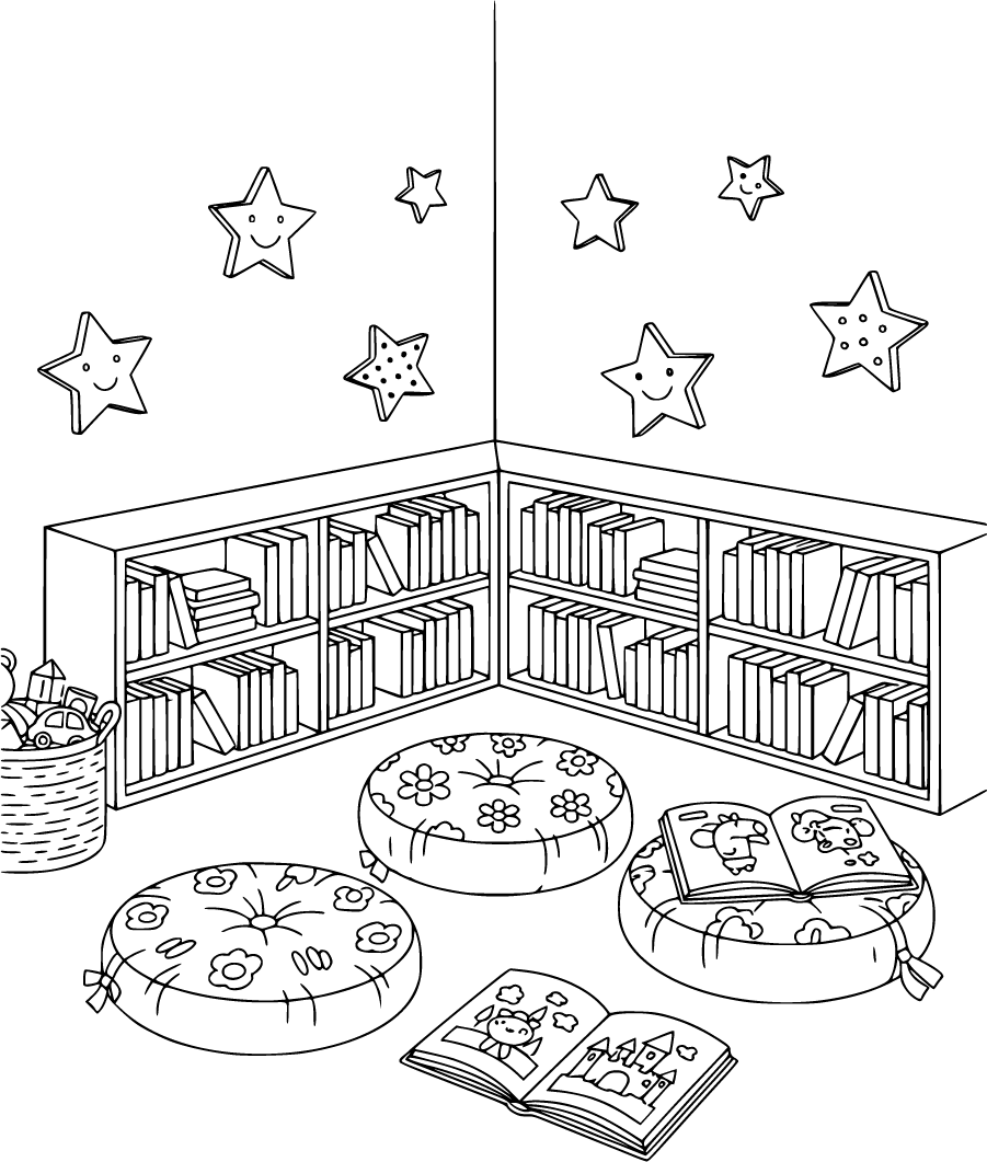 childrens library corner with cushions