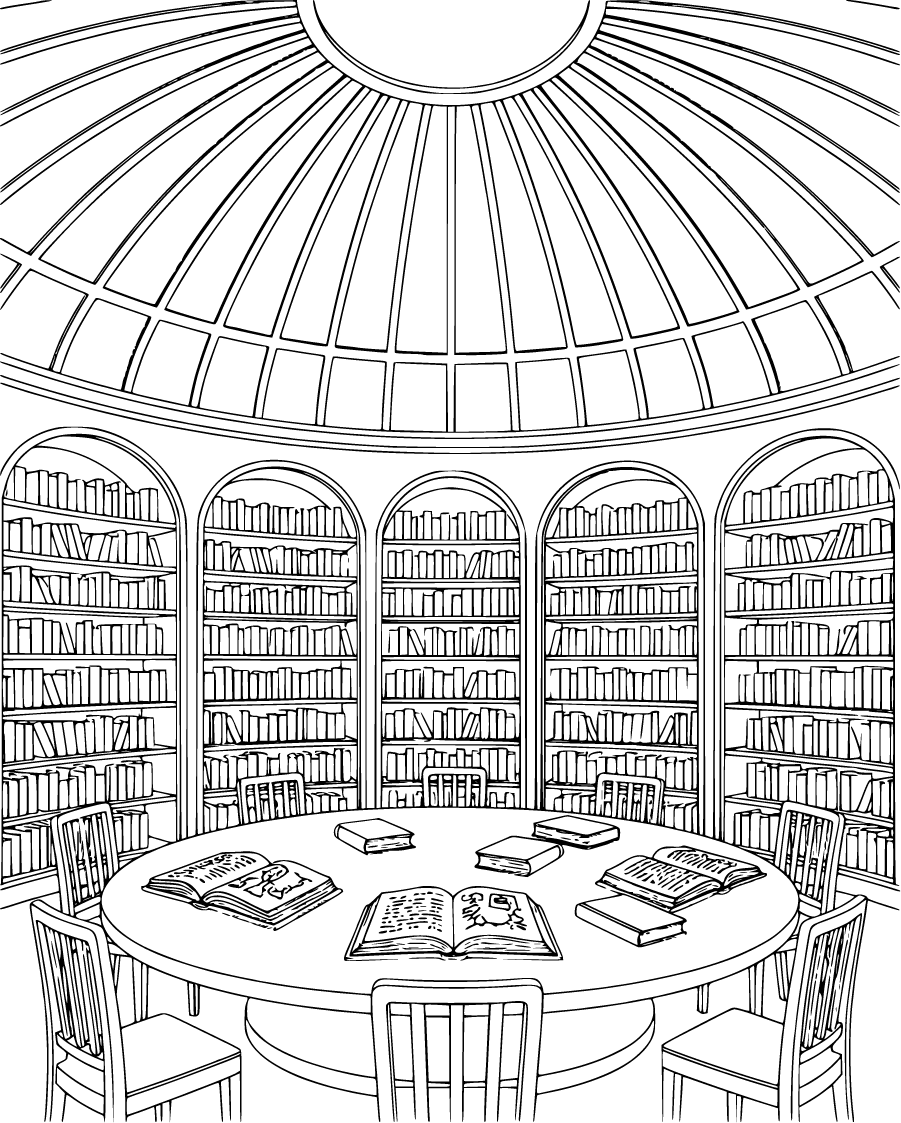 circular library room with curved shelves