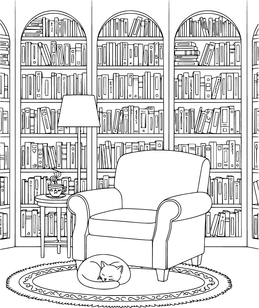 cozy library reading nook with cat
