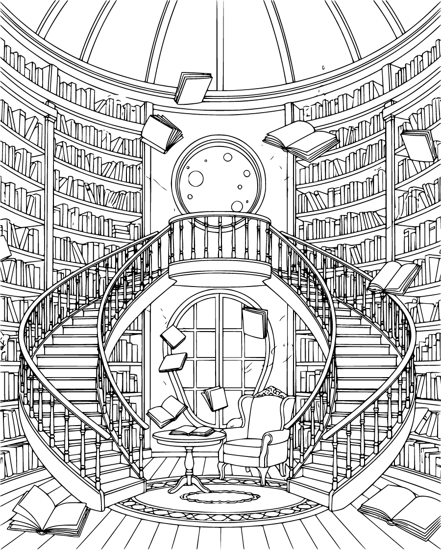 fantasy library with spiral stairs