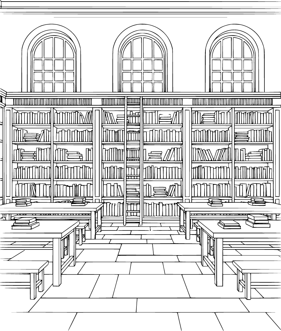 grand library with ladder and tables