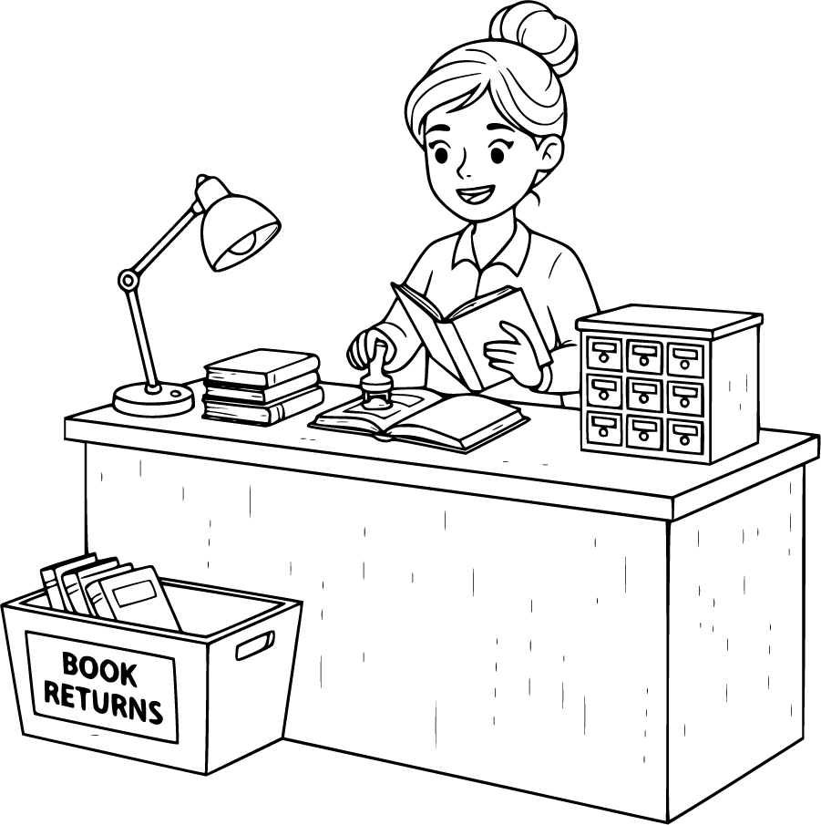 librarian at library checkout desk