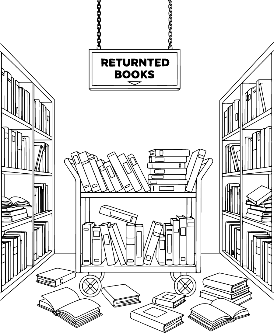 library aisle with book cart