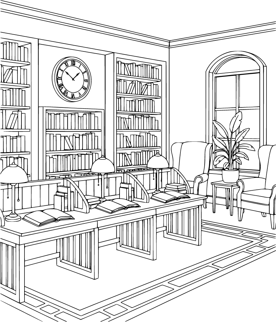 library study area with desks and clock