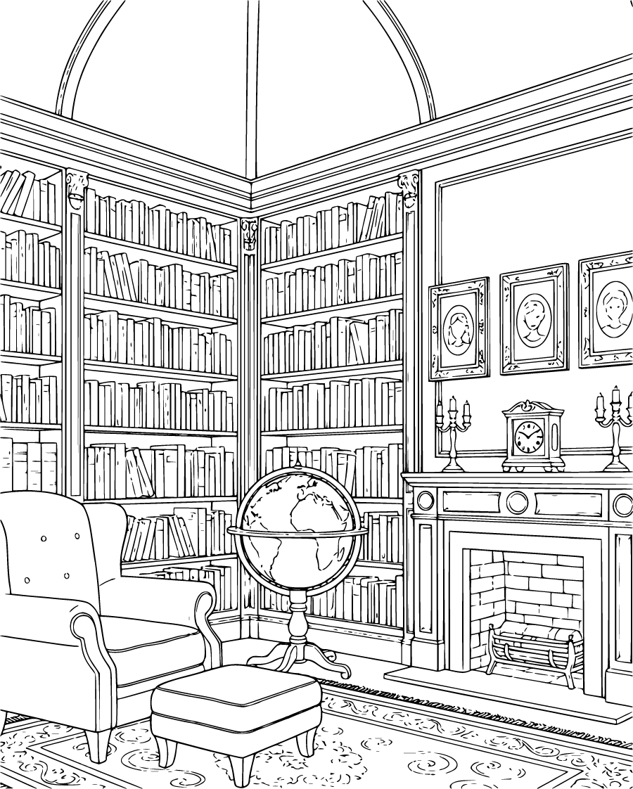 old fashioned library with globe and fireplace