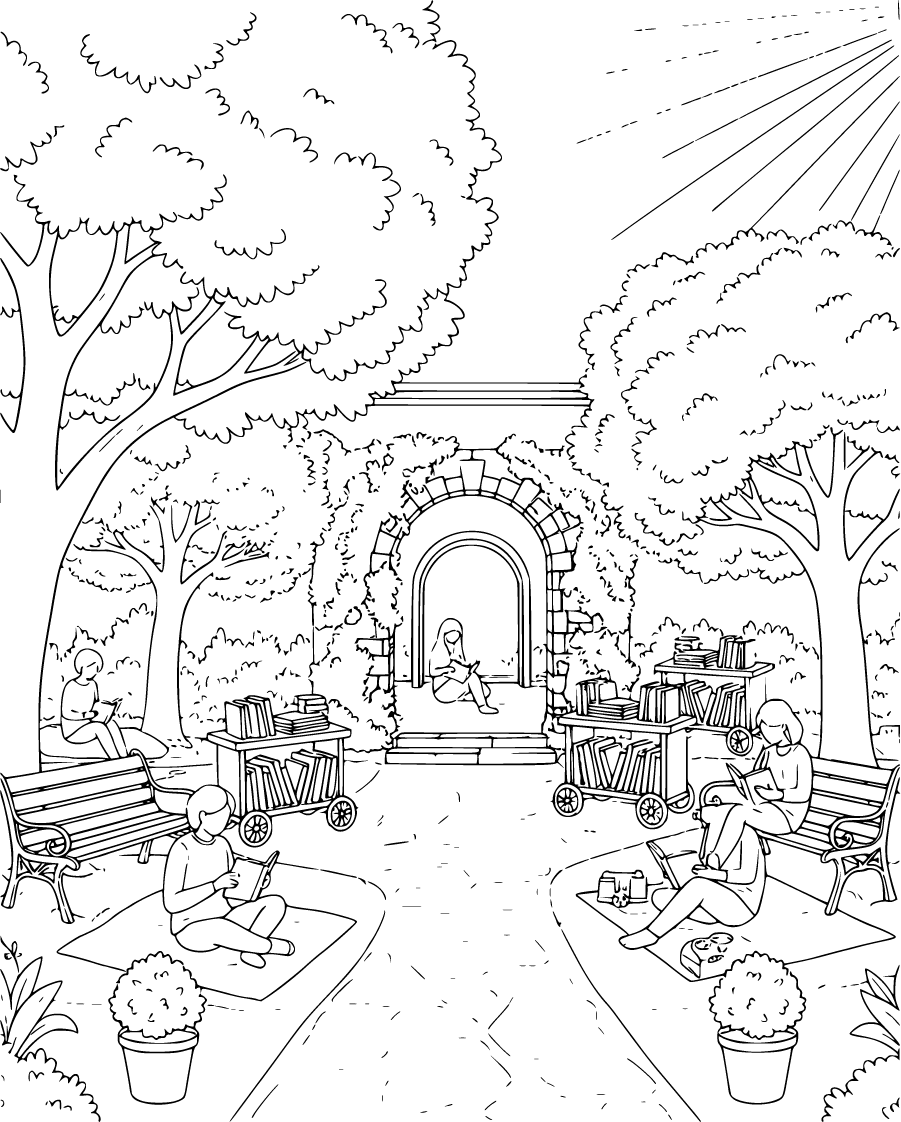 outdoor library courtyard with benches