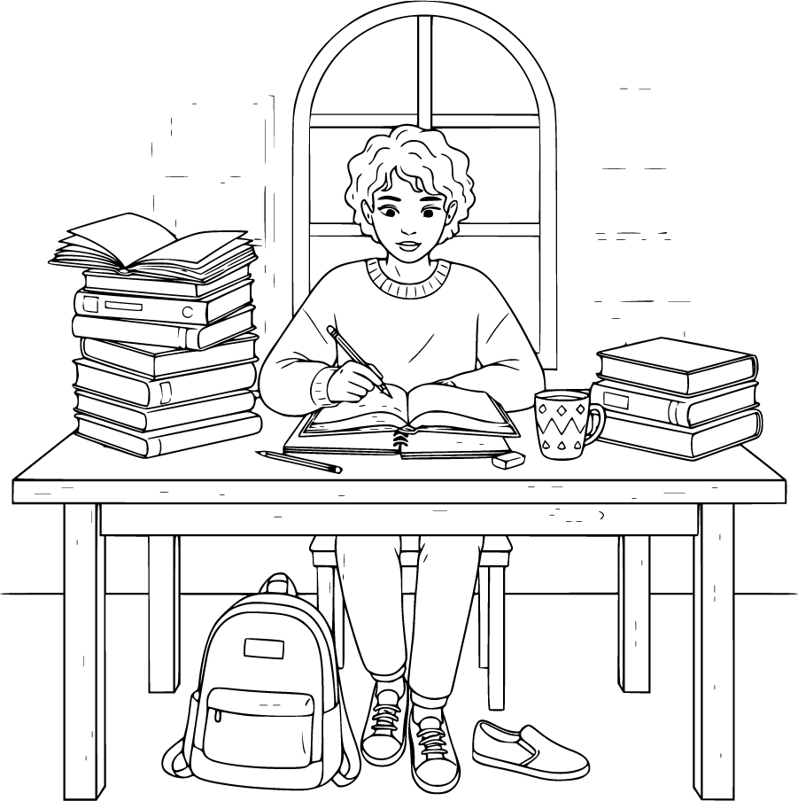student studying in library