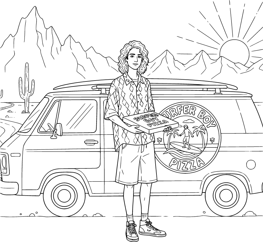 Argyle With Pizza Box Beside Surfer Boy Pizza Van