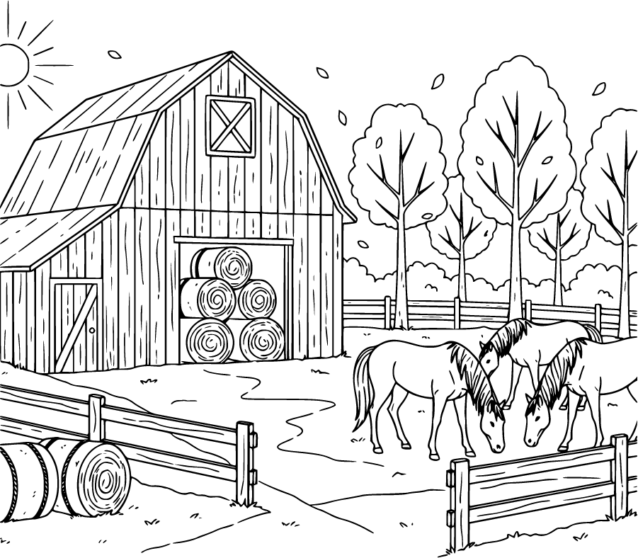 Autumn Farm Barn Hay Bales Horses