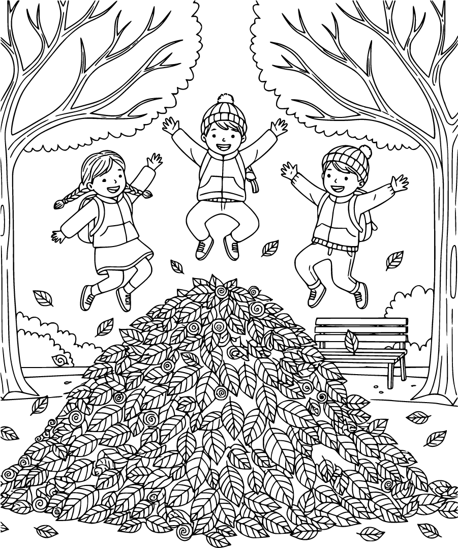 Children Jumping Into Autumn Leaf Pile