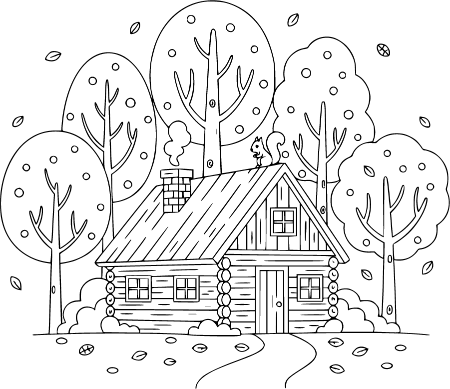 Cozy Cabin Autumn Trees Falling Leaves