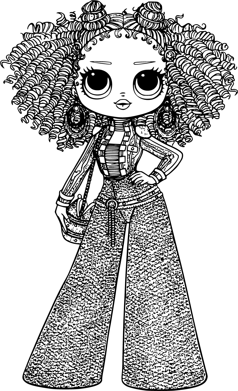 Curly-haired doll posing with a purse
