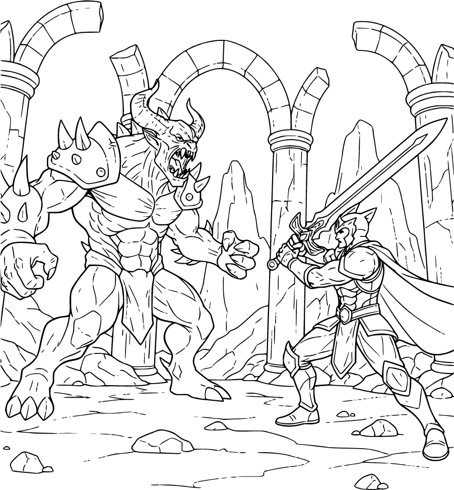 Monster Akedo Warrior Fighting Hero In Rocky Ruins