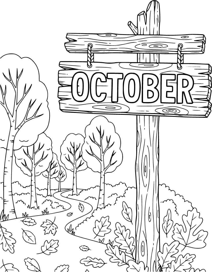 October Wooden Sign Along Autumn Forest Path