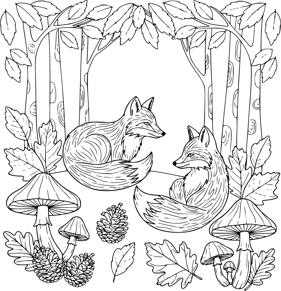 Woodland Fox Mushrooms Pinecones Autumn Leaves