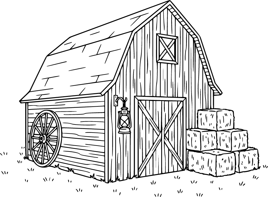 angled barn with hay bales