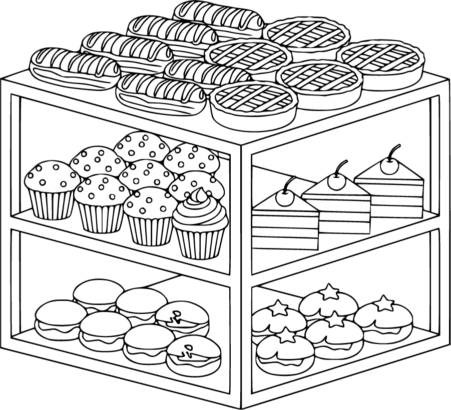 bakery shelf with assorted desserts