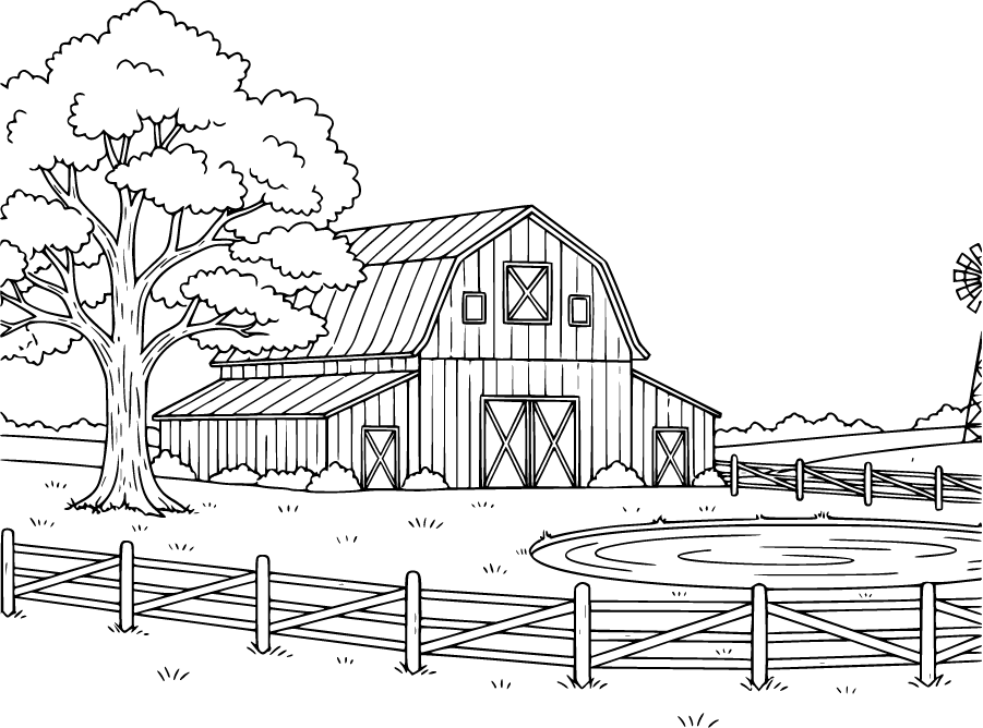 barn in countryside with pond