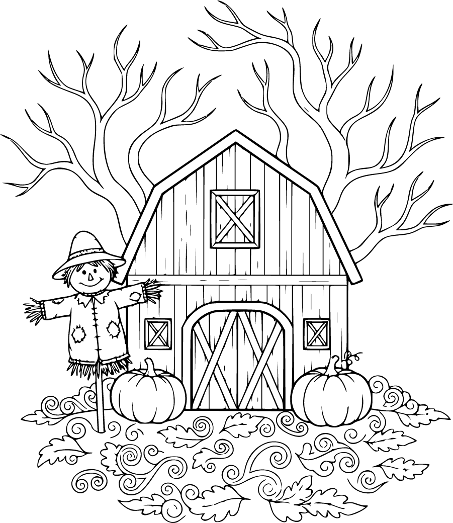 barn with pumpkins and scarecrow