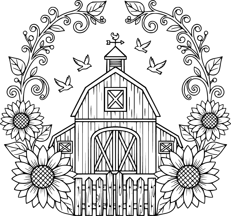 barn with sunflowers and gate