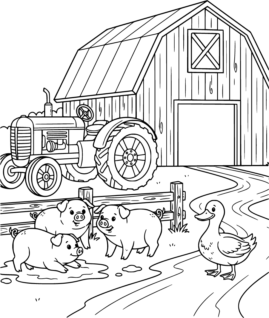 barn with tractor and pigs