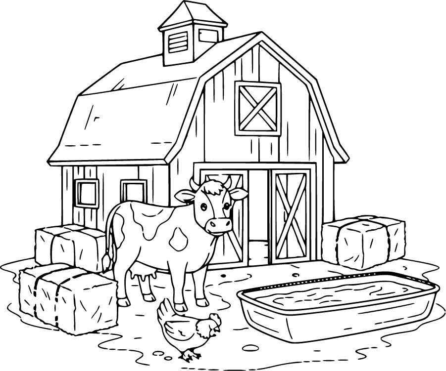 barnyard with cow and chicken