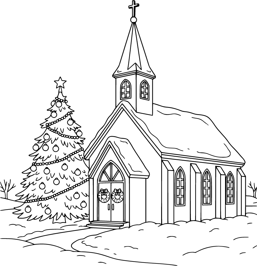 christmas church with tree and wreaths
