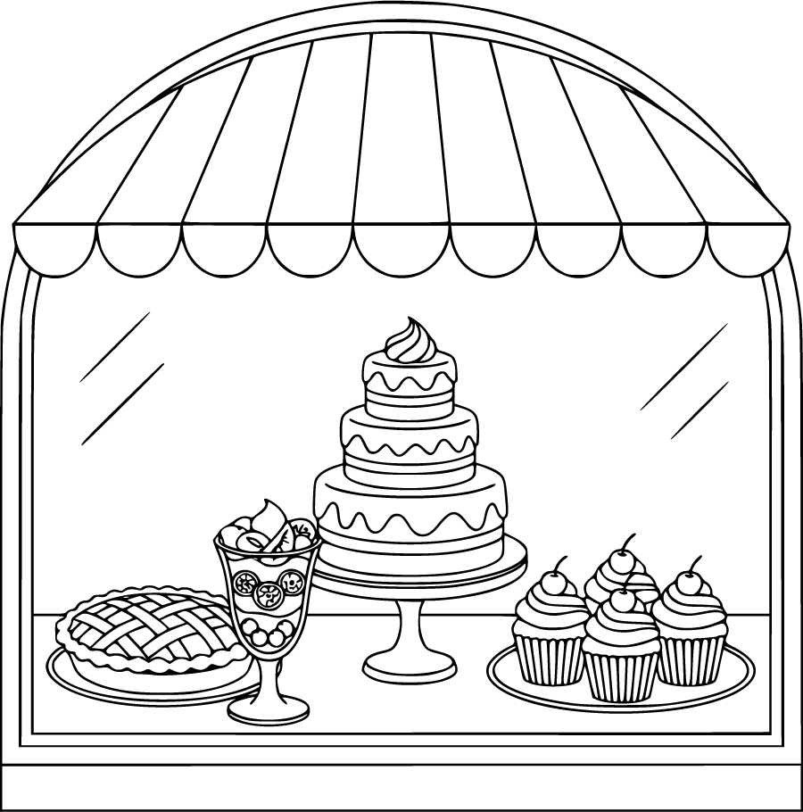 dessert shop window with cakes pies and cupcakes