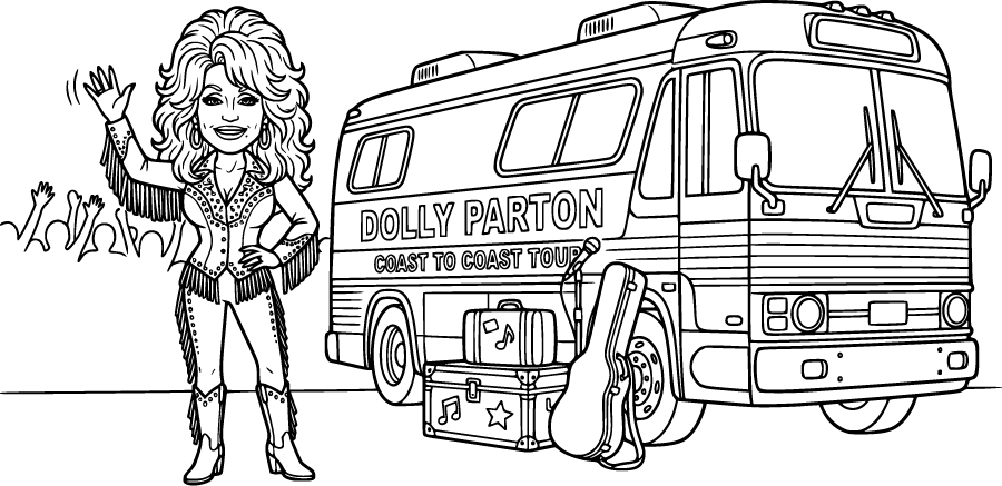 dolly parton beside a tour bus and luggage