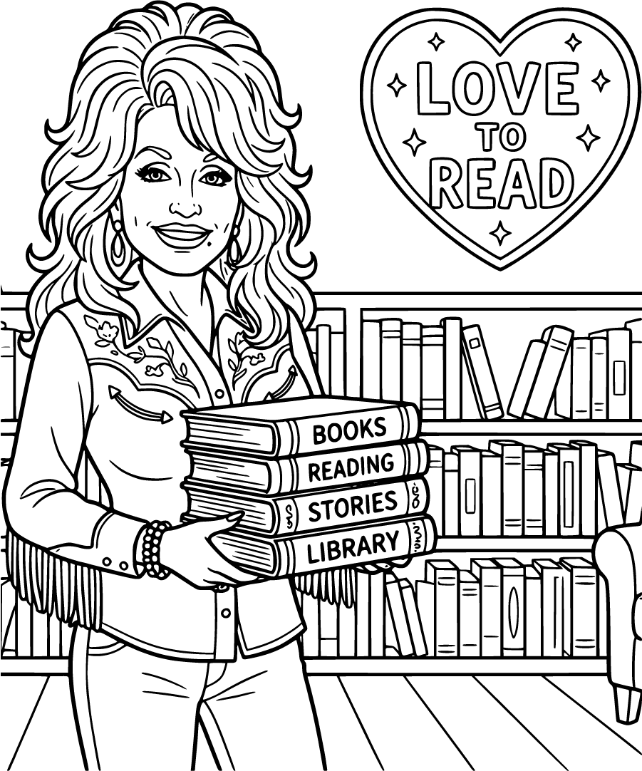 dolly parton in a library with books