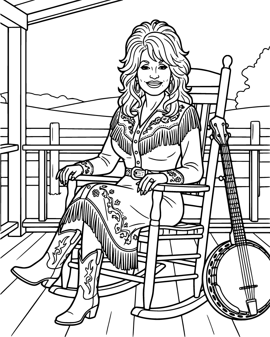 dolly parton on a porch with a banjo