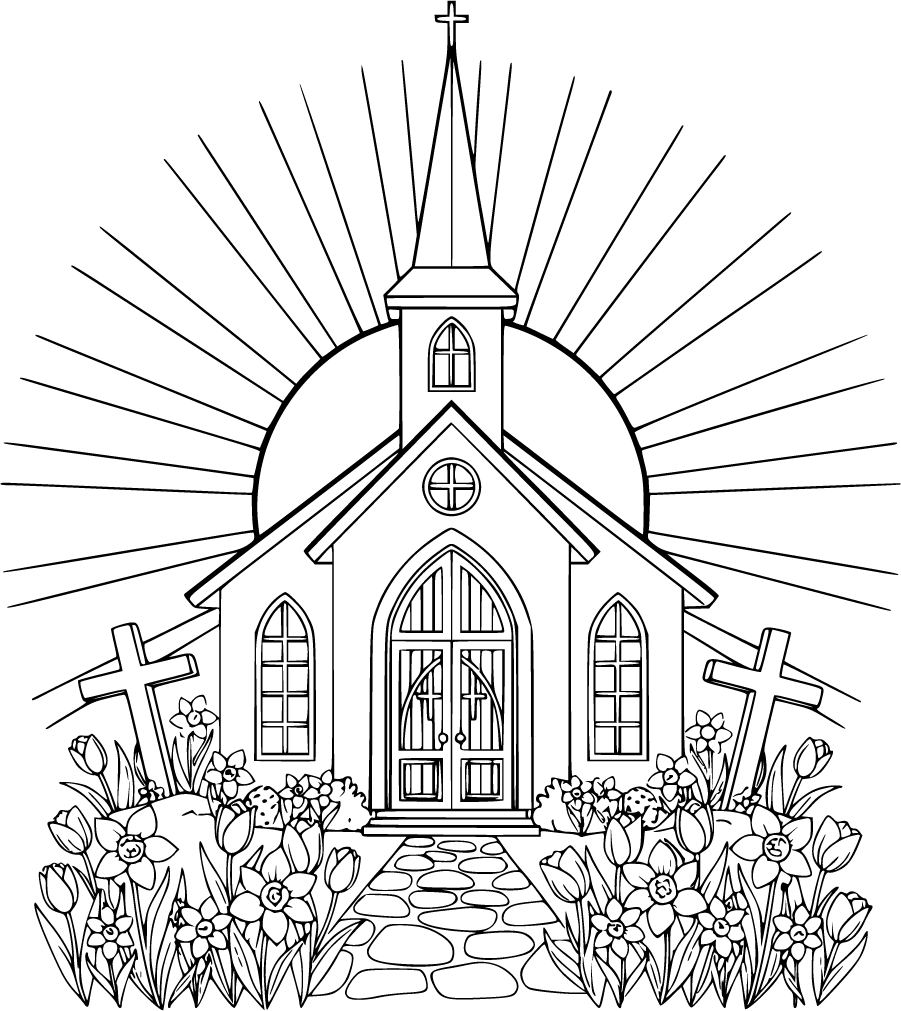easter church with sunrise and flowers