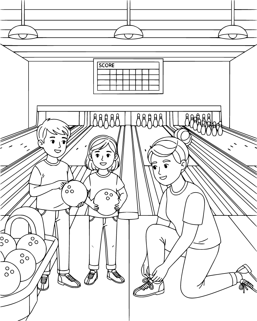 family at bowling alley with ball rack