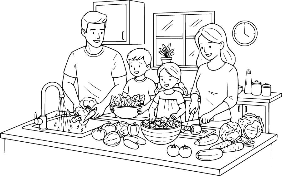 family preparing healthy food in kitchen